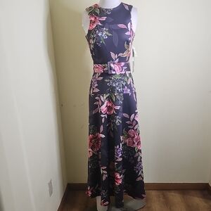 Floral Belted Maxi Dress - Black and Pink